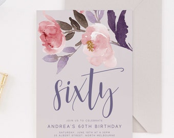 Editable Floral 60th Birthday Party Invitation Download Printable Digital Template Modern Girls Blush Pink Watercolor Flower Bday Invite Z35