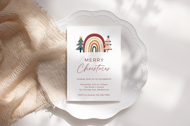 Scandi Einvite Editable Christmas Party Invitation, Christmas Tree Rainbow Instant ...