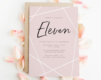 Editable Geometric 11th Birthday Party Invitation Download Printable Digital Template Modern Pastel Pink Kids Girl Eleventh Invite Z79
