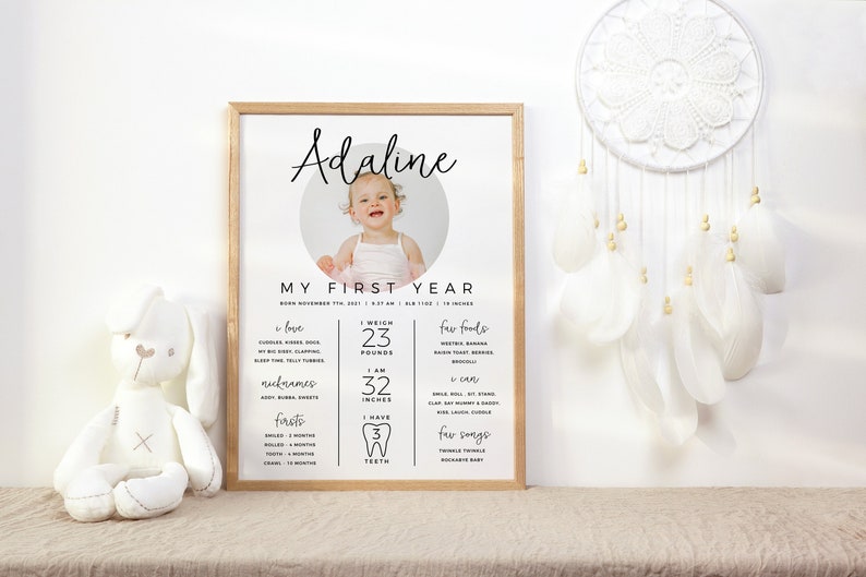 May include: A white and black printable poster with a photo of a baby girl in a circle. The poster is titled "My First Year" and includes details about the baby's first year, such as weight, height, favorite foods, and songs. The poster is framed in a light wood frame.