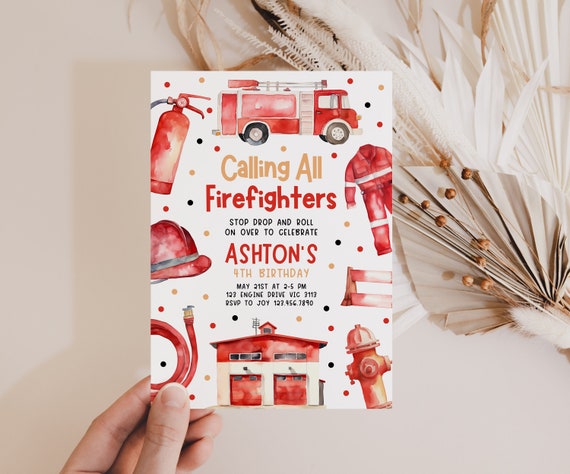 Fireman Birthday Invitation for Boys, Editable Firefighter Fire Truck Kids Party Printable Instant Download DIY Digital Template Z358