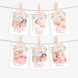 Bearbeitbare Foto Banner Vorlage, 1. Geburtstag Blush Pink Gold Floral Boho Girl Party Decor druckbare Meilenstein Karten Sofortiger Download Z319