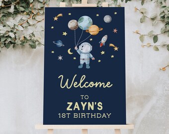 Editable Outer Space Birthday Welcome Sign 1st Birthday Boy Planet Galaxy Astronaut Space Birthday Party Decor Printable Template n292