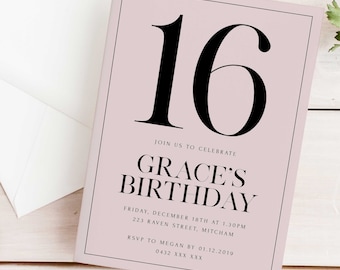Invitation de fête d'anniversaire simple modifiable 16e Télécharger modèle numérique imprimable Moderne minimaliste Blush Pink Sweet Sixteen Invite Z280