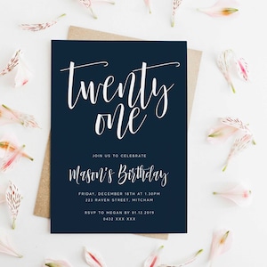 Plantilla editable de invitación de cumpleaños, azul marino minimalista moderno imprimible descarga instantánea DIY fiesta invitar a adultos 20 21 30 Z137