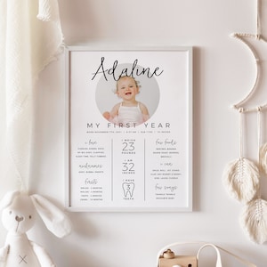May include: A white printable poster with a photo of a baby girl and text that reads "Adaline, My First Year". The poster lists the baby's weight, height, favorite foods, and other milestones.