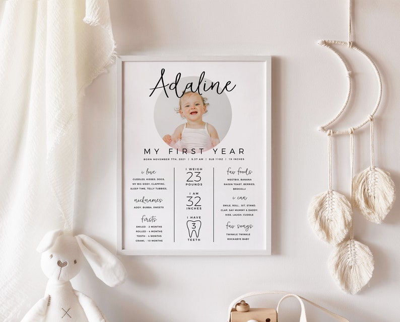 May include: A white printable poster with a photo of a baby girl and text that reads "Adaline, My First Year". The poster lists the baby's weight, height, favorite foods, and other milestones.