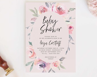 Blush Floral Baby Shower Invitation INSTANT DOWNLOAD Template Its a Girl Invitation Modern Baby Sprinkle Invitation Oh Baby Invite B29