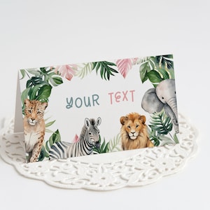 Safari-Tischkarte, bearbeitbare Vorlage, Dschungel-Zoo-Tiere, zum Ausdrucken, DIY, Mädchen-Geburtstagsparty, Essenstisch-Etiketten, Zelt-Karte, sofortiger Download Z344