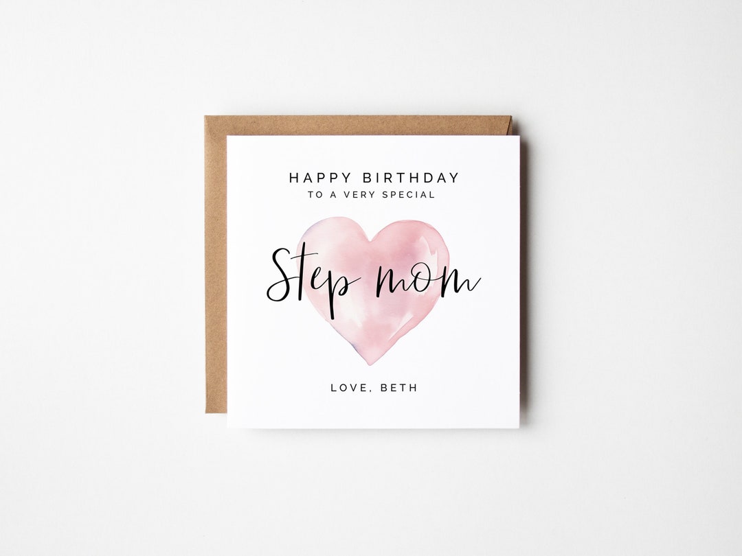 Step Mom Birthday Card, Pink Watercolor Heart, Personalised Printable