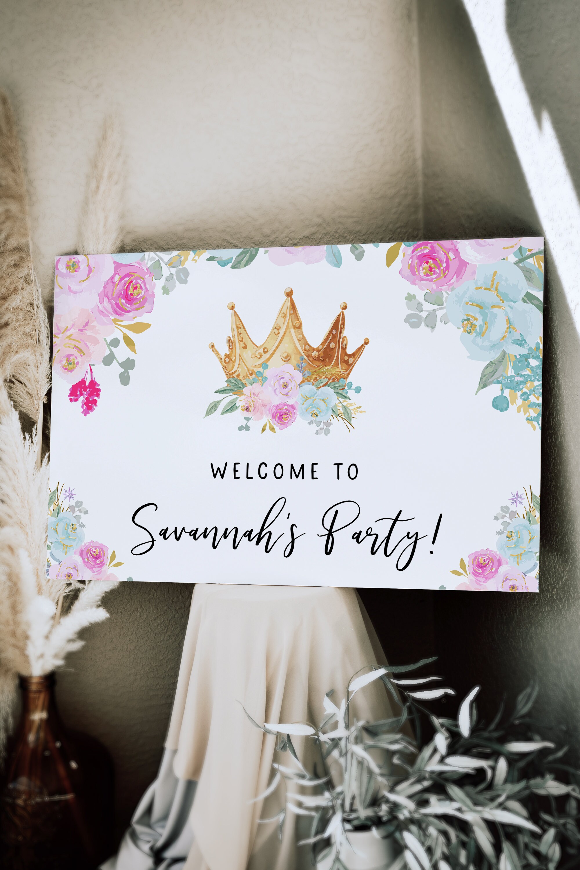 Princess Welcome Sign, Editable Princess Birthday Party Pink Floral ...