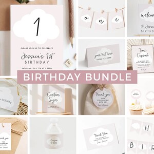 Cloud Birthday Invitation Bundle Pink First Birthday Invitation Pastel Clouds Invitation Girls Birthday Decorations 1st Birthday Z73