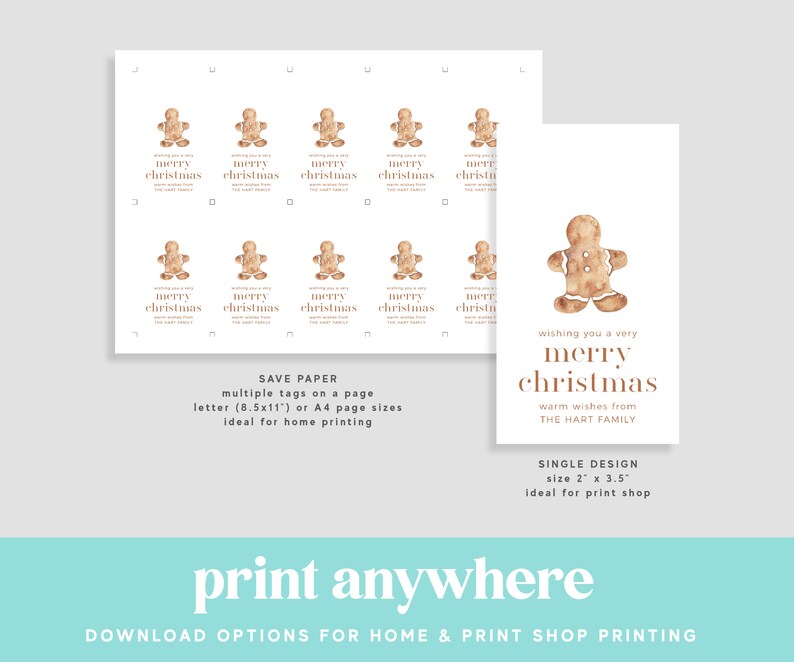 May include: Gingerbread-themed Christmas gift tags and a single card. The tags feature a watercolor gingerbread man and the text "merry christmas". The single card has the same design and text, with the addition of "wishing you a very" and "warm wishes from The Hart Family".