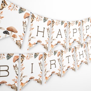Happy Birthday Banner, Woodland Forest Animals Editable Template Printable Download Wild Boho Party Digital Garland Bunting Decoration Z343