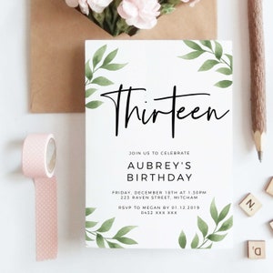 Editable Leaf 13th Birthday Party Invitation Download Printable Digital Template Greenery Green Leaves Botanical Thirteenth Bday Invite Z13