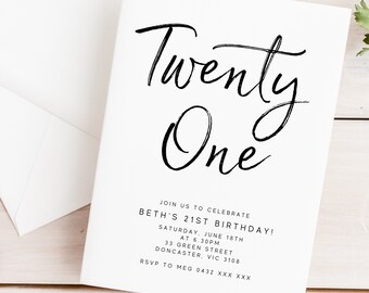 Editable Minimalist 21st Birthday Party Invitation Download Printable Digital Template Modern Simple Black White Twenty First Invite Z194