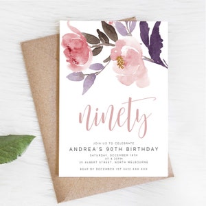 Editable Floral 90th Birthday Party Invitation Download Printable Digital Template Modern Pink Watercolor Wild Flowers Women Bday Invite Z35 image 1