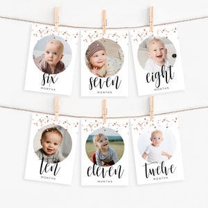 First Birthday Photo Banner, 1st Birthday Banner, Modern Minimalist Monthly Milestone Photo Cards, Editable Rose Gold First Birthday Z4