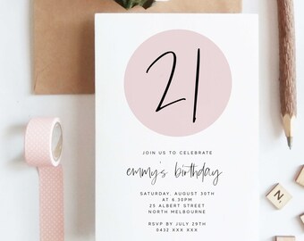 Bearbeitbare Rosa 21. Geburtstag Party Einladung Download Druckbare Digitale Vorlage Pastell Mädchen Modern Blush Pink Minimalist Bday Invite Z170