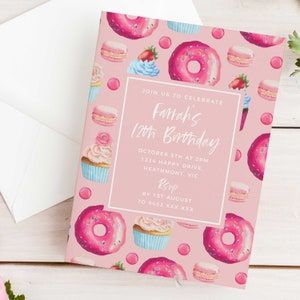 Editable Donut 12th Birthday Party Invitation Download Printable Digital Template Kids Girl Pink Donut Sweet Doughnut Twelfth Invite Z246