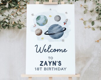Bewerkbare ruimte verjaardag welkom teken 1e verjaardag jongen planeet Galaxy astronaut ruimte verjaardagsfeestje decor afdrukbare sjabloon Z292