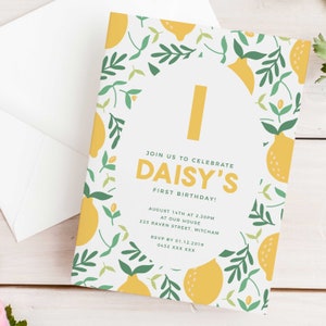 Editable Lemon 1st Birthday Party Invitation Download Printable Digital Template Rustic Sunshine Cute Lemonade Kids Girls First Invite Z205