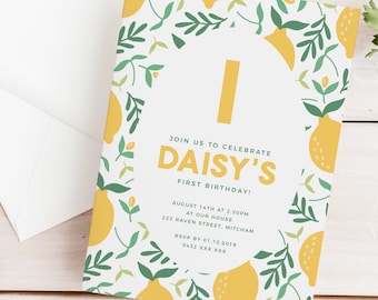 Editable Lemon 1st Birthday Party Invitation Télécharger Modèle numérique imprimable Rustic Sunshine Cute Lemonade Kids Girls First Invite Z205