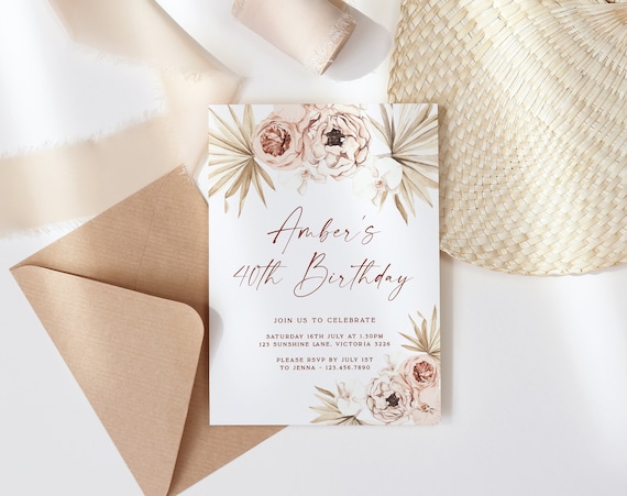 Boho Birthday Invitation Template, Editable Printable Instant Download Floral DIY Neutral Tone Peony Adult 30th 40th 50th Party Invite Wed02