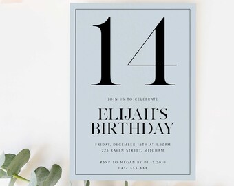 Invitation de fête d'anniversaire simple modifiable 14e Télécharger le modèle numérique imprimable Bleu Minimal Modern Men Boys Quatorzième Teen Invite Z280