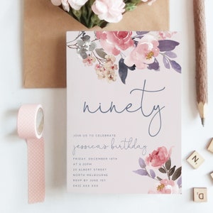 Editable Floral 90th Birthday Party Invitation Download Printable Digital Template Pink Wildflower Elegant Watercolor Flowers Peonies Z14