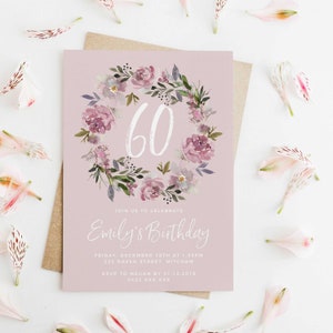 Floral Birthday Invitation, Pink Editable Watercolor Template Women 30th 40th 50th 60th Feminine Botanical Invite Printable DIY Digital Z134