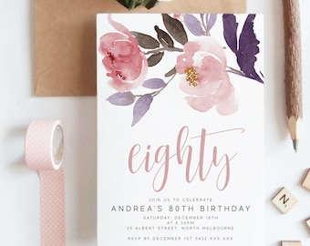 Editable Floral 80th Birthday Party Invitation Download Printable Digital Template Modern Pink Watercolor Peonies Women Girl Bday Invite Z35