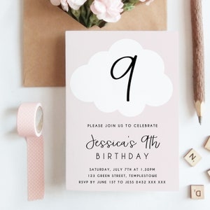 Editable Cloud 9th Birthday Party Invitation Download Printable Digital Template Pastel Pink Girl Kids Modern Clouds Ninth Bday Invite Z73