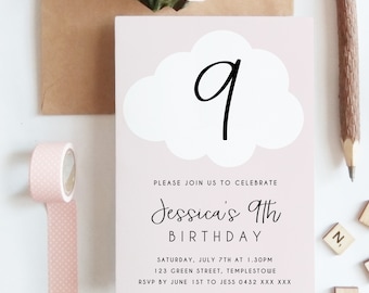 Editable Cloud 9th Birthday Party Invitation Download Printable Digital Template Pastel Pink Girl Kids Modern Clouds Ninth Bday Invite Z73