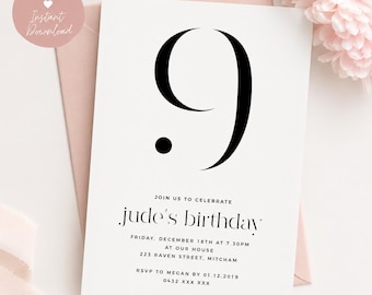 May include: A white invitation card with a large black number 9 and a black dot. The text "jude's birthday" is displayed in a stylish font. The card is on a pink envelope with a pink flower in the background. The words "Editable" and "Instant Download" are also visible.
