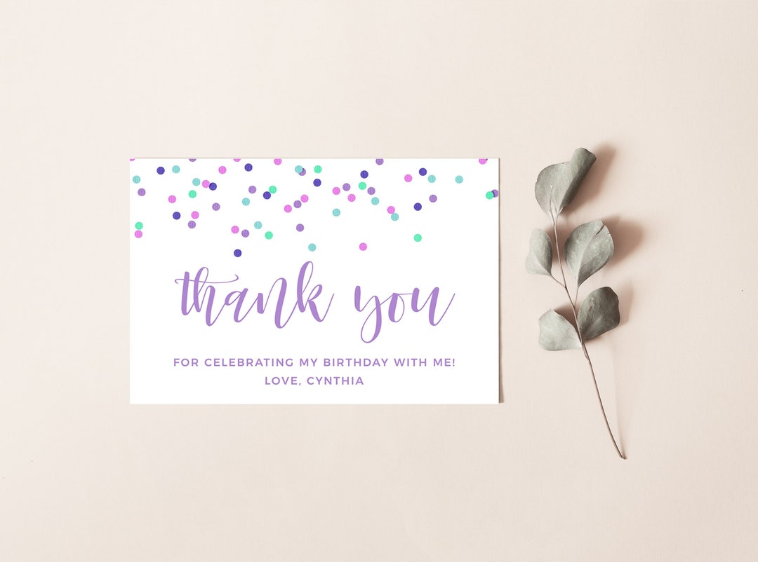 Confetti Thank You Card, Printable Editable Instant Download Purple ...