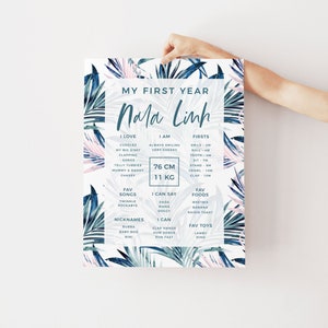 Tropical Baby Milestone Board, First Birthday Poster Sign, 1st Birthday Milestone Poster Editable Template, Palm Leaf Milestone Board Z236