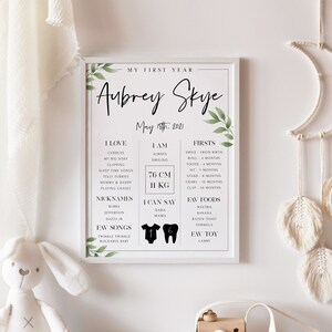 May include: A white printable poster with green leaves and black text. The poster is a baby's first year milestone chart. It includes the baby's name, Aubrey Skye, birthdate, May 18th, 2021, and a list of milestones, including favorite things, firsts, and favorite foods. The poster also includes the baby's height and weight, 76 cm and 11 kg.