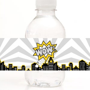Superhero Water Bottle Label, Boys Birthday Comic Book Editable DIY Template Printable Party Favor Drink Wrap Digital Instant Download Z303