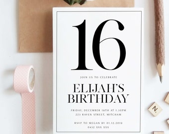 Bearbeitbare Einfache 16. Geburtstag Party Einladung Download Druckbare Digitale Vorlage Teen Boy Modern Minimalist Sweet Sixteen Bday Invite Z280