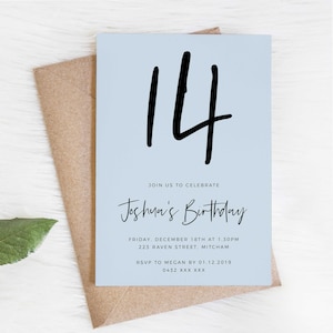 Editable Blue 14th Birthday Party Invitation Download Printable Digital Template Pastel Simple Teen Boys Modern Fourteenth Bday Invite Z135