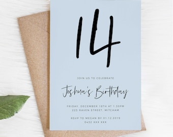 Puede incluir: Una tarjeta de invitación azul claro con el número 14 en fuente manuscrita negra. El texto dice "Únete a nosotros para celebrar el cumpleaños de Joshua. Viernes, 18 de diciembre a la 1:30 PM. 223 Raven Street, Mitcham. RSVP a Megan antes del 01.12.2019. 0432 XXX XXX"