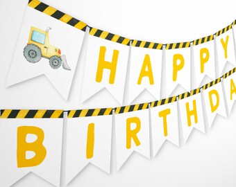 Banner de feliz cumpleaños de fiesta de construcción, banner de construcción de primer cumpleaños, banner de cumpleaños de excavadora, baby shower de construcción editable Z289