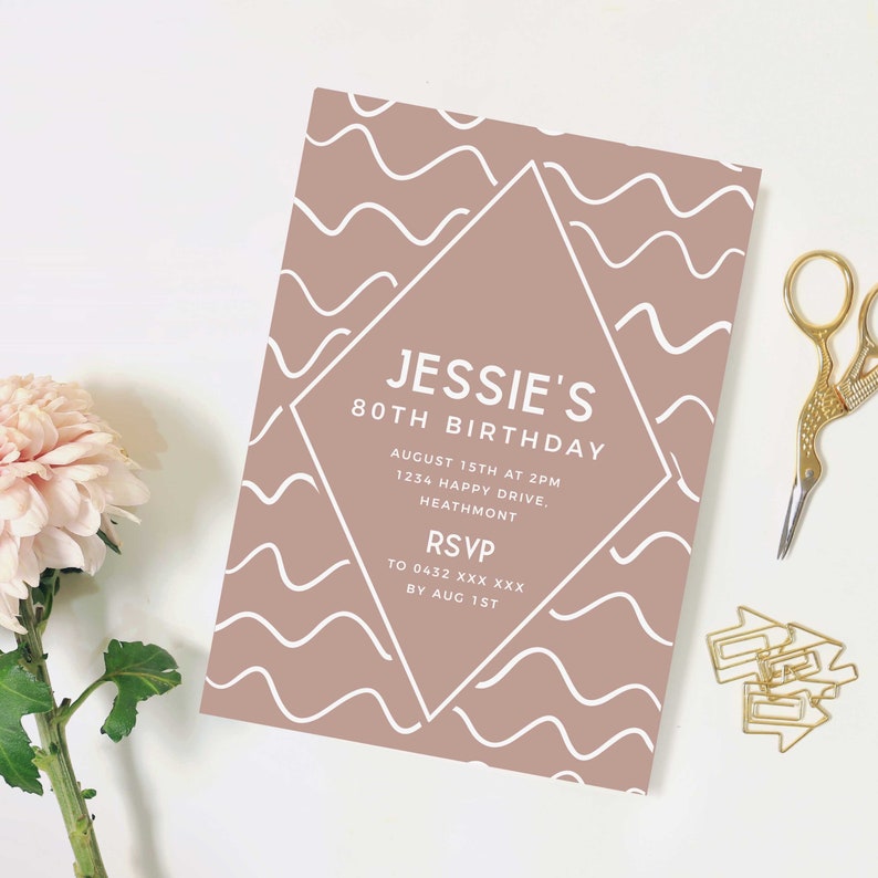 Minimalist Printable 80th Birthday Invitation, INSTANT DOWNLOAD