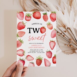 Invitación de cumpleaños de fresa, dos dulces 2das niñas bayas rosadas fruta de verano editable imprimible descarga instantánea DIY invitación digital Z357 imagen 8