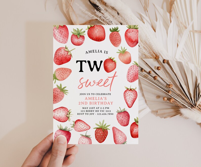 Invitación de cumpleaños de fresa, dos dulces 2das niñas bayas rosadas fruta de verano editable imprimible descarga instantánea DIY invitación digital Z357 imagen 8