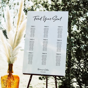 Editable Seating Chart Template, Modern Minimalist Wedding Instant Download Printable Elegant Script Simple Black White Wedding Decor WED20