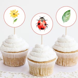 May include: Three cupcakes with white frosting topped with round paper circles. The circles feature images of a ladybug, a sunflower, and a green leaf.