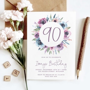 Blumen Geburtstagseinladung, moderne bearbeitbare Vorlage Lila Blumenkranz einladen Frauen Printable Download DIY für 70er 80er 90er Party Z138