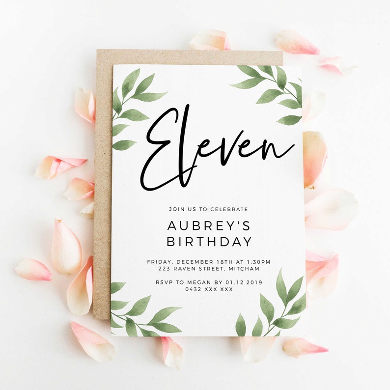 Printable Kids Birthday Invitation Z13 Leaf 11th Birthday Invitation Eleventh Birthday Party INSTANT DOWNLOAD Birthday Invite